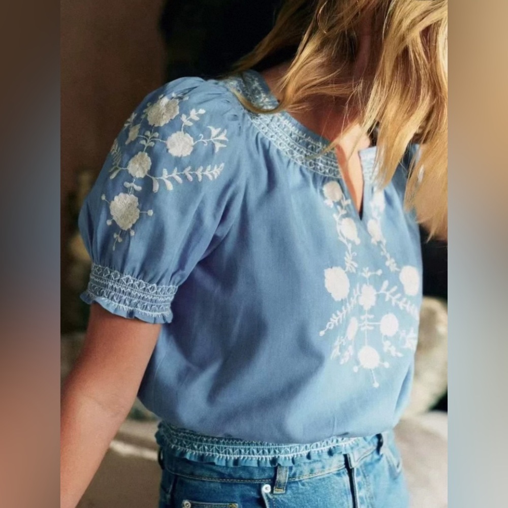 Sezane Bertille Embroidered Blue Women's Top size 38